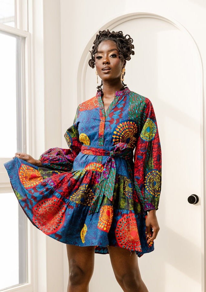 Malia Women's African Print Mini Dress (New Harvest Multipattern) Multicolor - D'IYANU