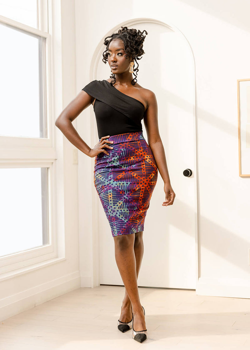 Hadiza Women's African Print Stretch Woven Pencil Skirt (Jade Amber Adire)
