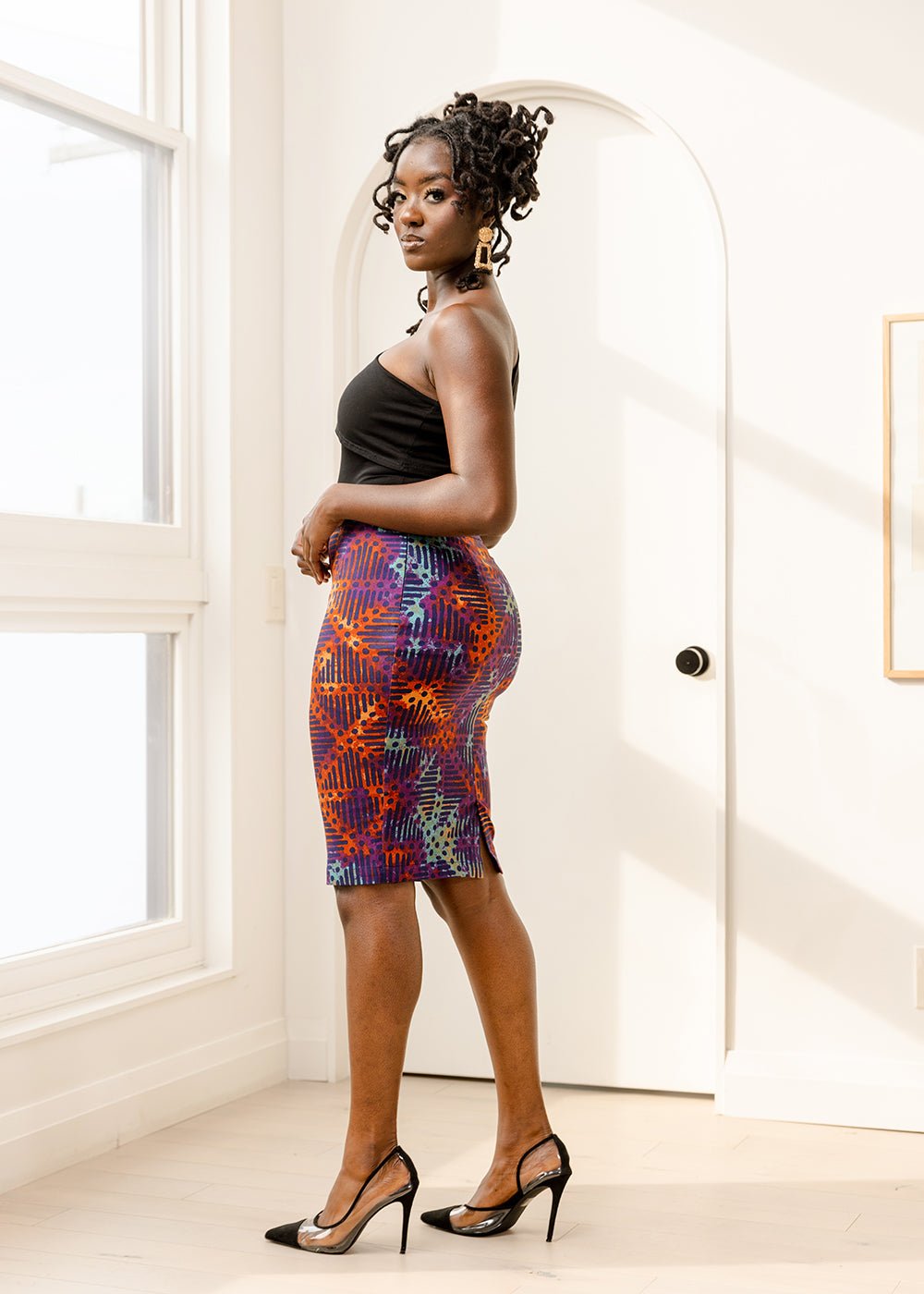 Hadiza Women's African Print Stretch Woven Pencil Skirt (Jade Amber Adire) - D'IYANU