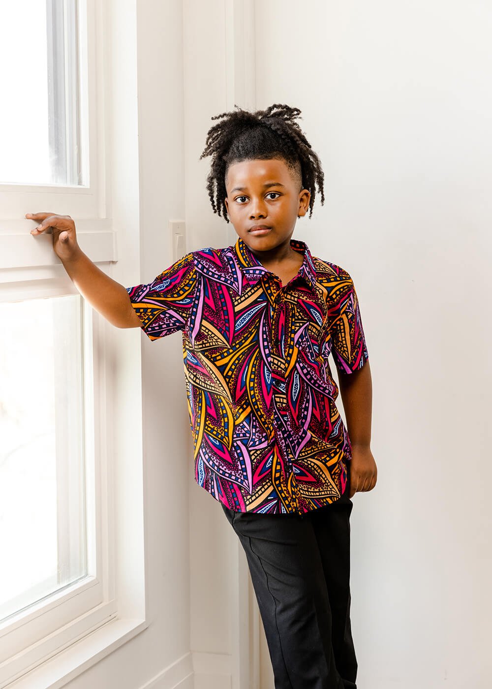 Chuks Boys' African Print Button-Up Shirt (Sunset Leaves) - D'IYANU