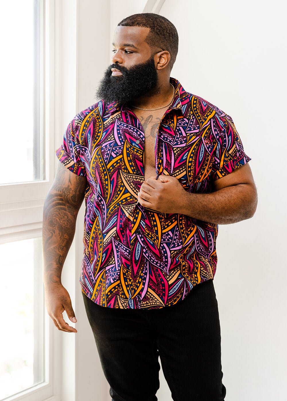 Keyon Men's African Print Button-Up Shirt (Sunset Leaves) - D'IYANU