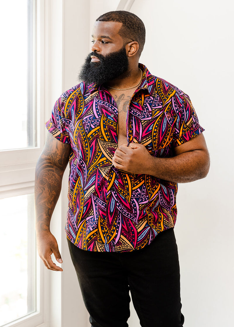 Keyon Men's African Print Button-Up Shirt (Sunset Leaves)