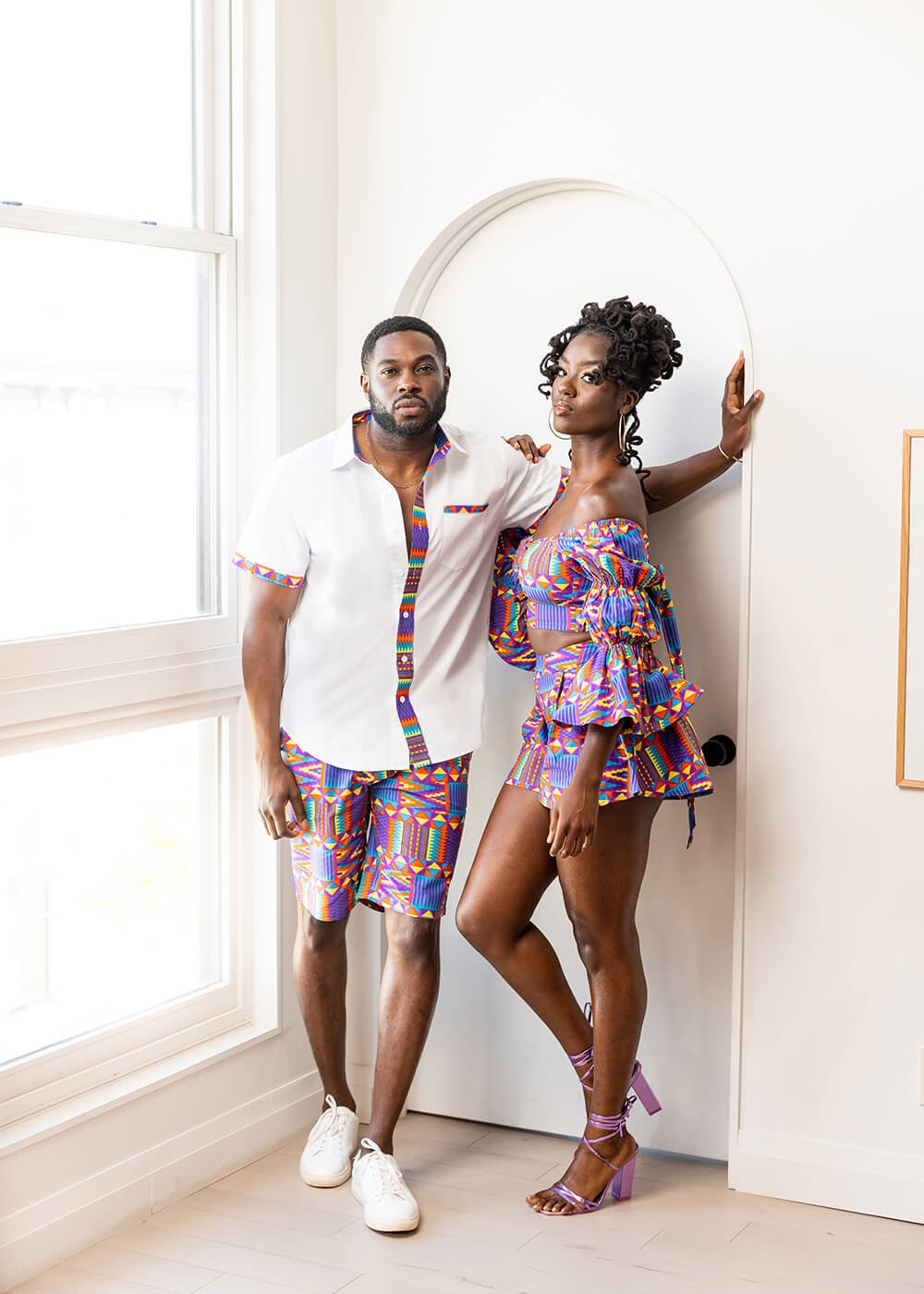 Kanai Men's African Print Color-Blocked Button-Up Shirt (White/Rainbow Kente)-Clearance - D'IYANU