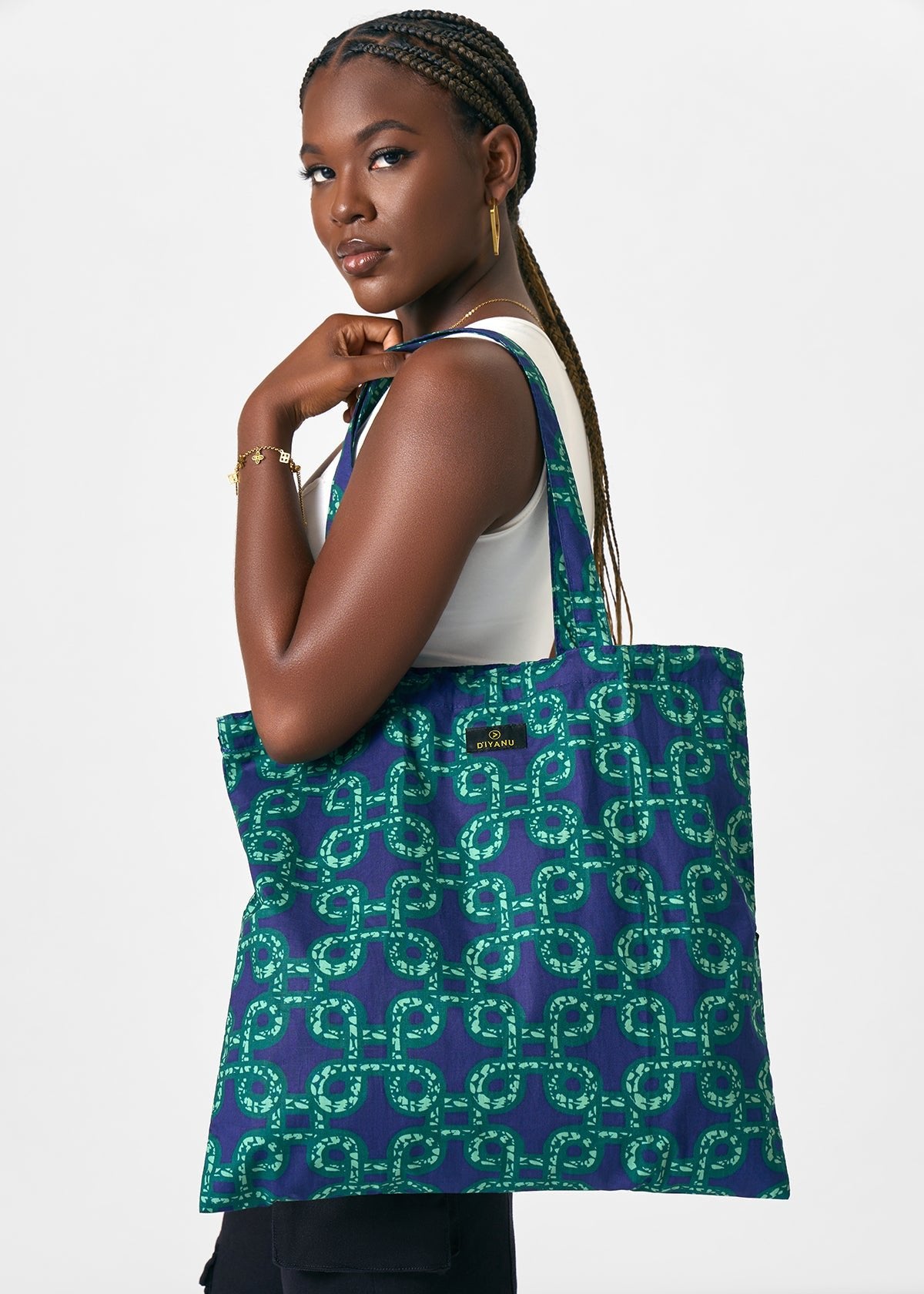 Ebuni Women's African Print Tote Bag (Green Mpatapo Adinkra) - D'IYANU