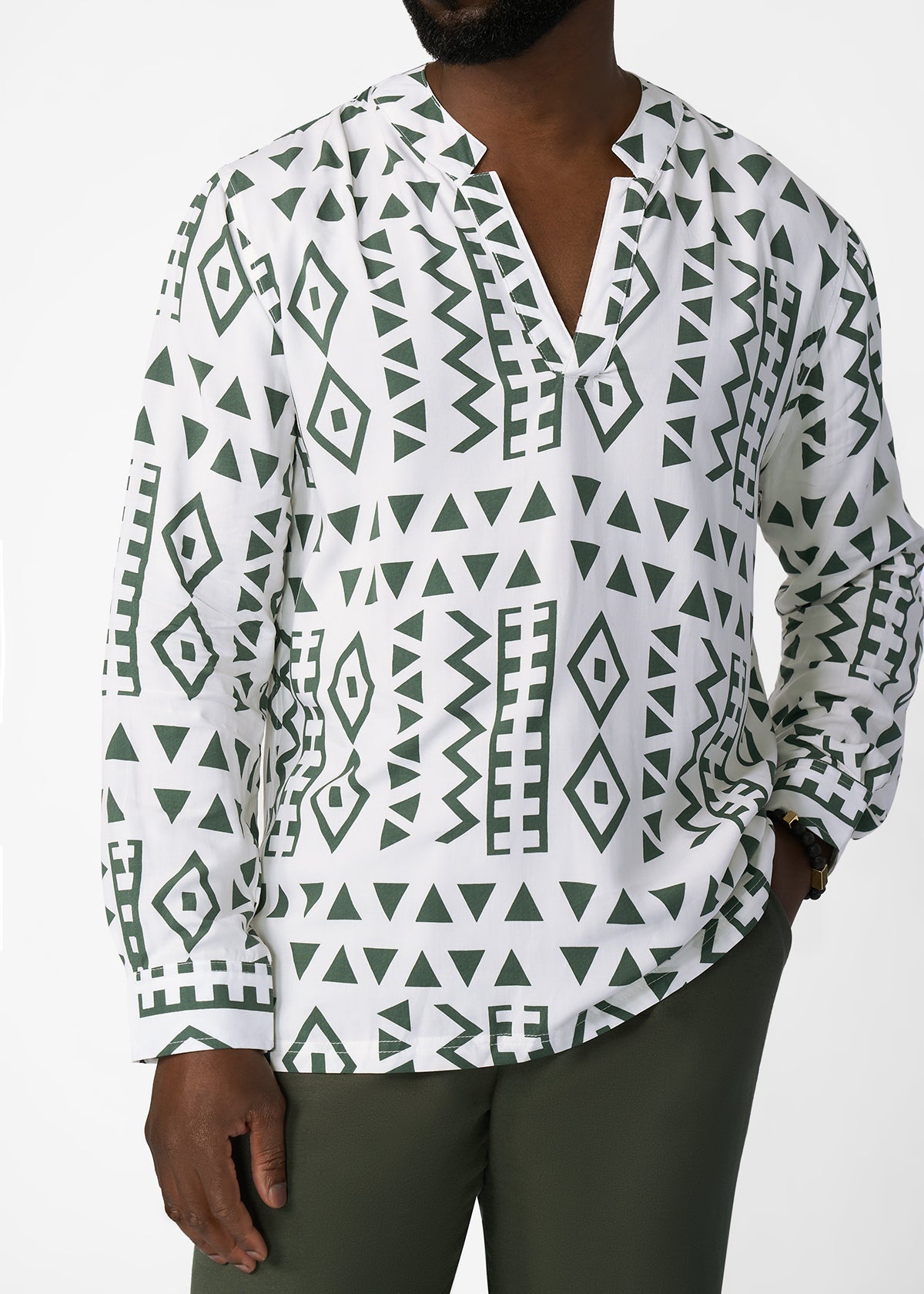 Ajisomo Men's African Print Tunic Shirt (White Olive Tribal) - D'IYANU