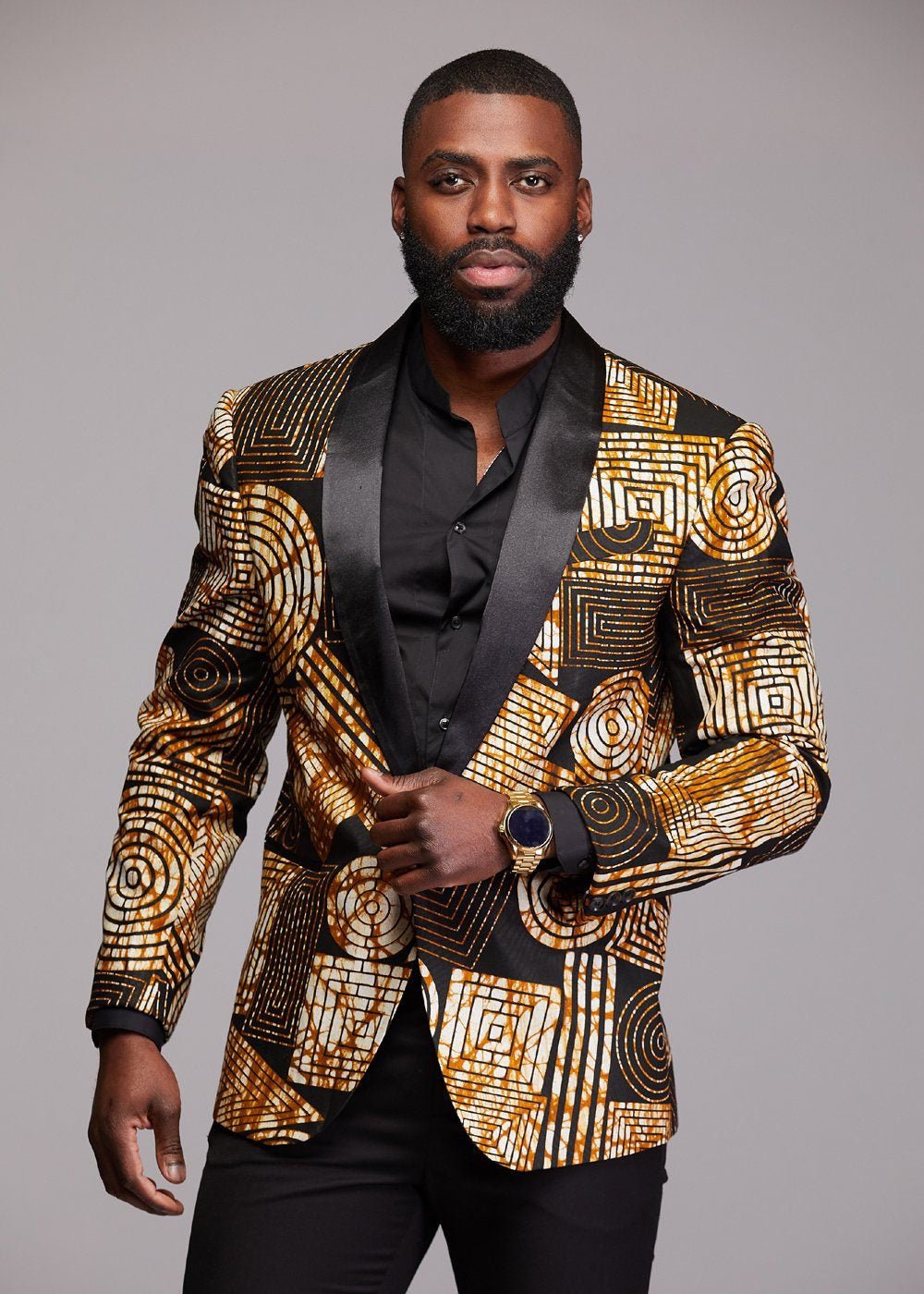 Rammy Men's African Print Blazer (Black Brown Geometric) - D'IYANU
