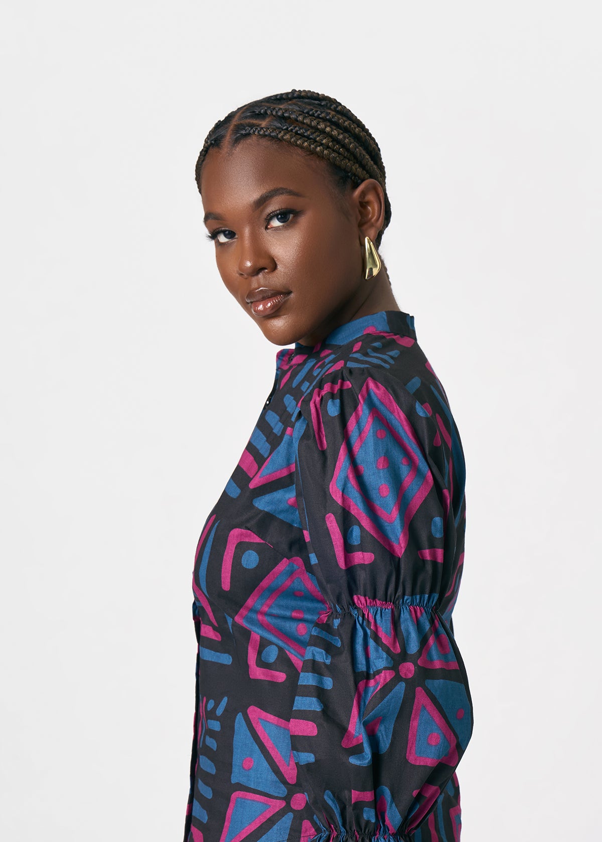 Nikenna Women's African Print Ankara Blouse (Black Teal Tribal) - D'IYANU