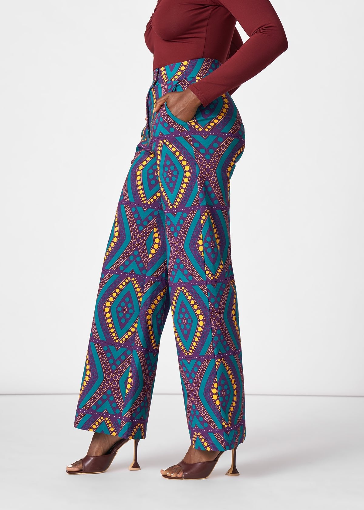 Thema Women's African Print Stretch Wide leg Pants (Emerald Retro Diamonds) - D'IYANU
