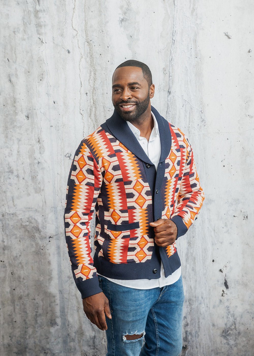 Aren African Print Button-Up Cardigan Sweater (Cream Orange Kente) - D'IYANU