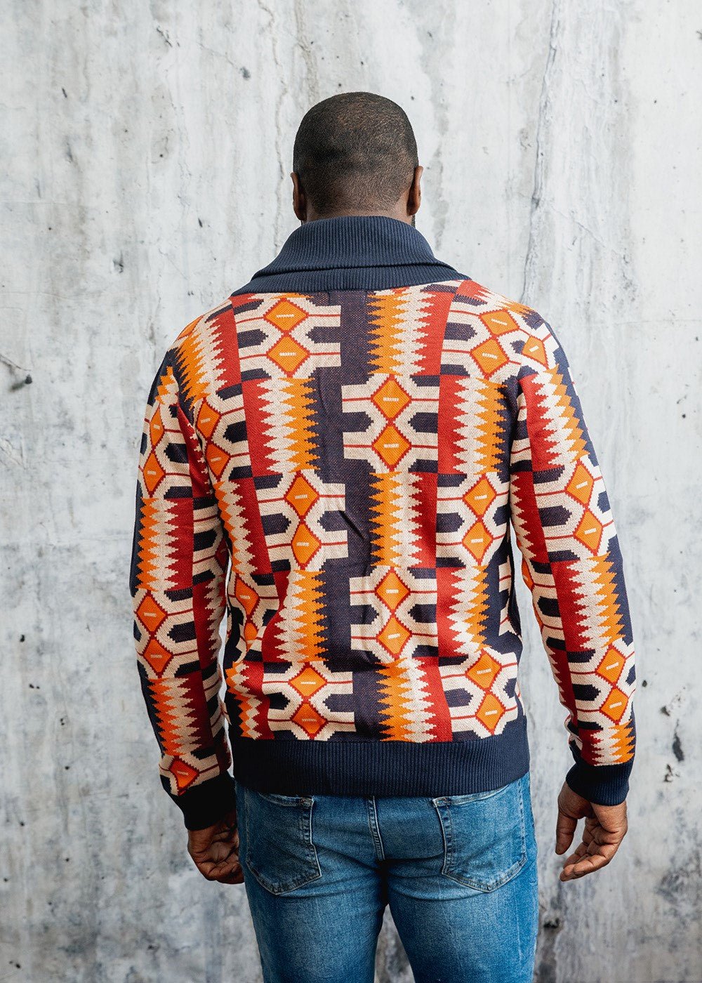 Aren African Print Button-Up Cardigan Sweater (Cream Orange Kente) - D'IYANU