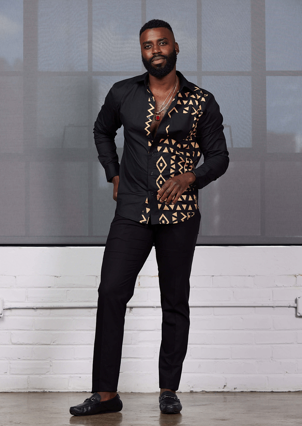 Abiade Men's African Print Button-Up (Black/Tan Black Tribal) - D'IYANU
