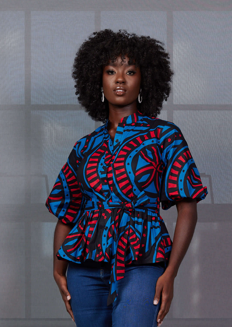 Aega Women's African Print Peplum Blouse (Blue Red Tiles) - Clearance –  D'IYANU