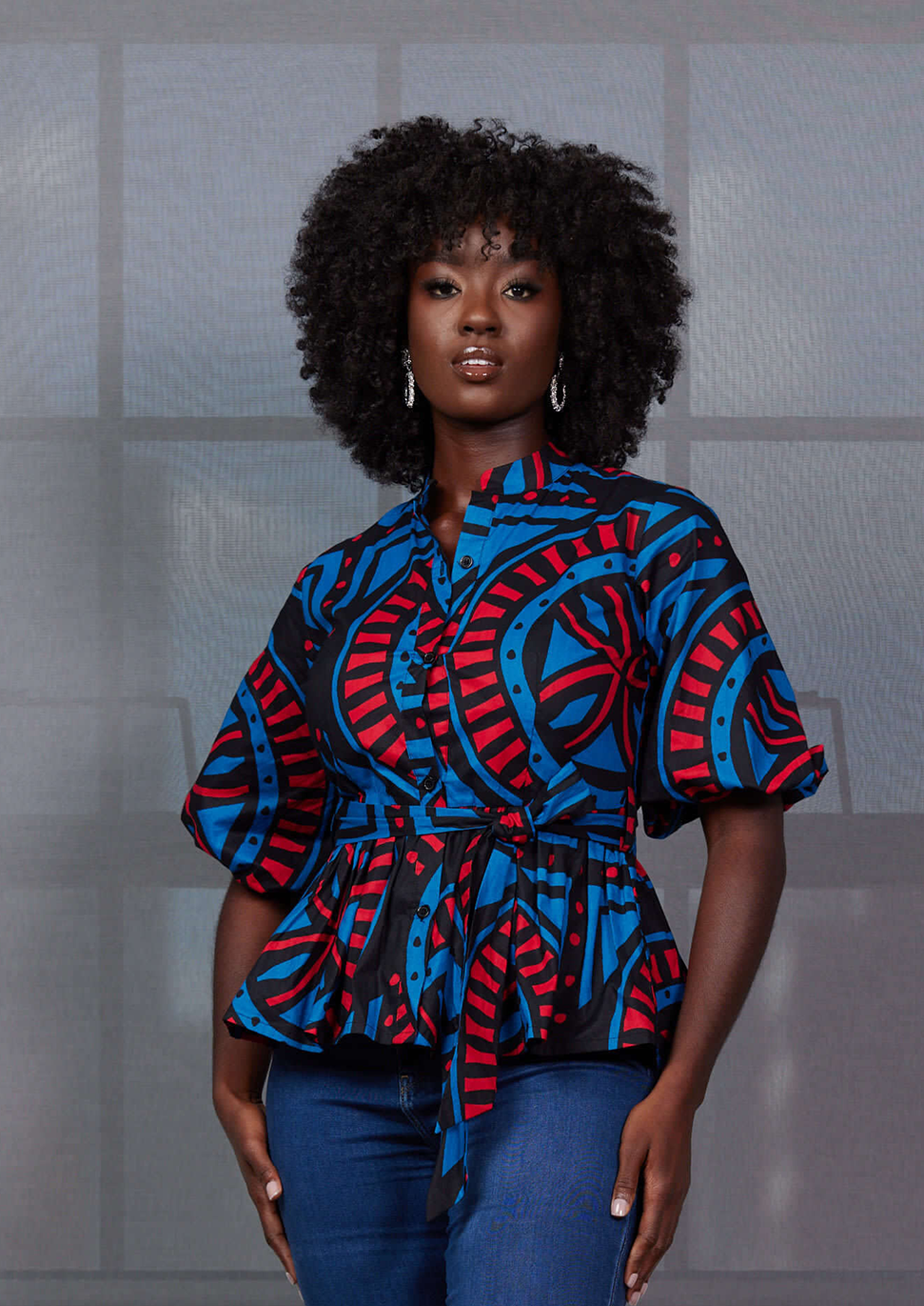 Aega Women's African Print Peplum Blouse (Blue Red Tiles