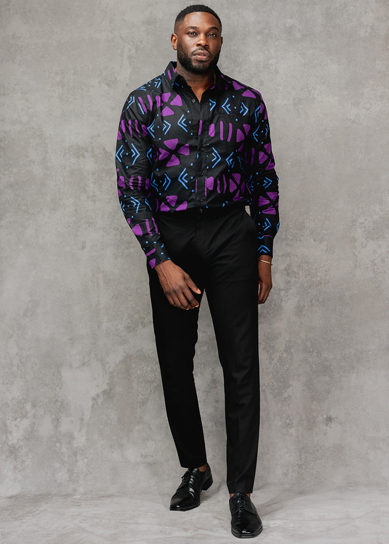 Chane Men's African Print Button-Up Shirt (Black Purple Mudcloth)