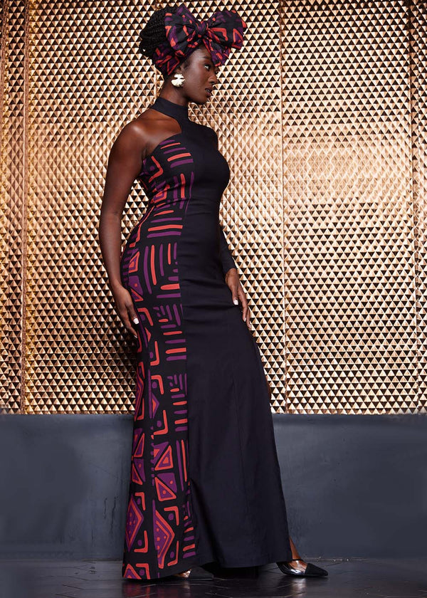Elemi Women's African Print Stretch Color-Blocked Gown (Black Peach Tribal)