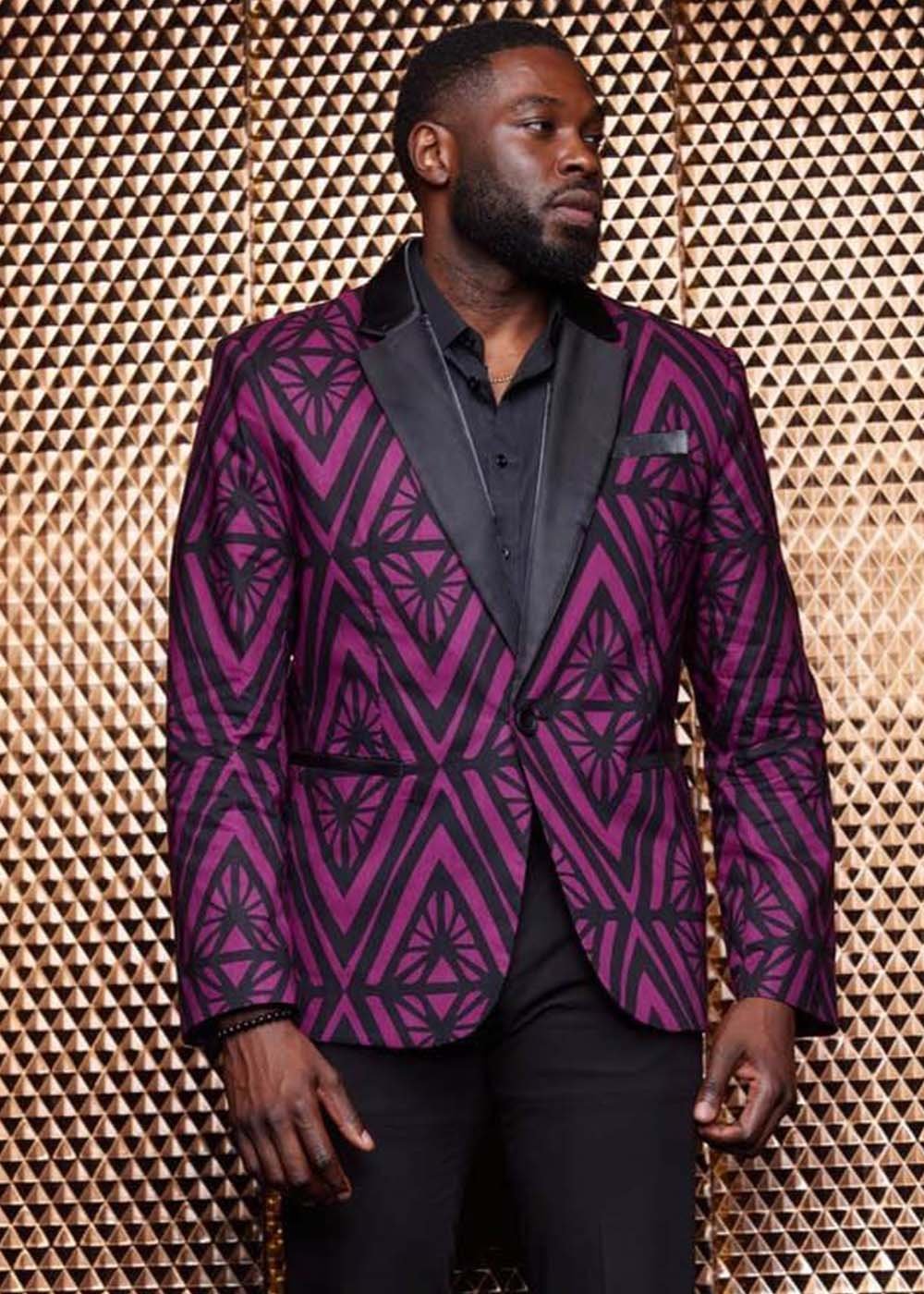 Enofe Men's African Print Blazer (Plum Diamonds) Purple - D'IYANU