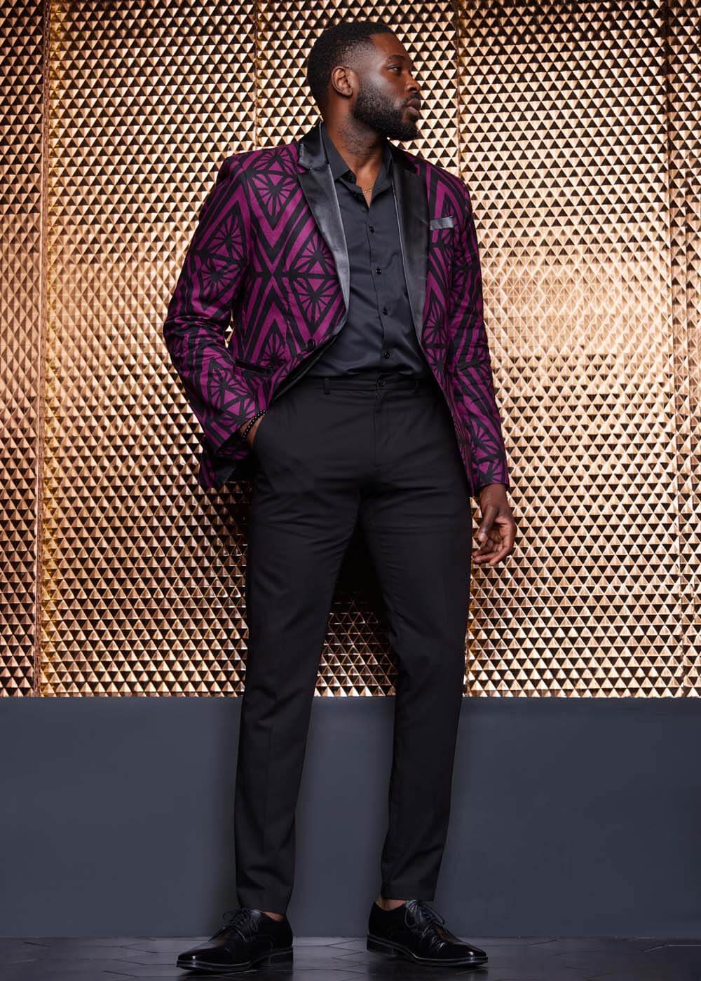 Enofe Men's African Print Blazer (Plum Diamonds) - D'IYANU
