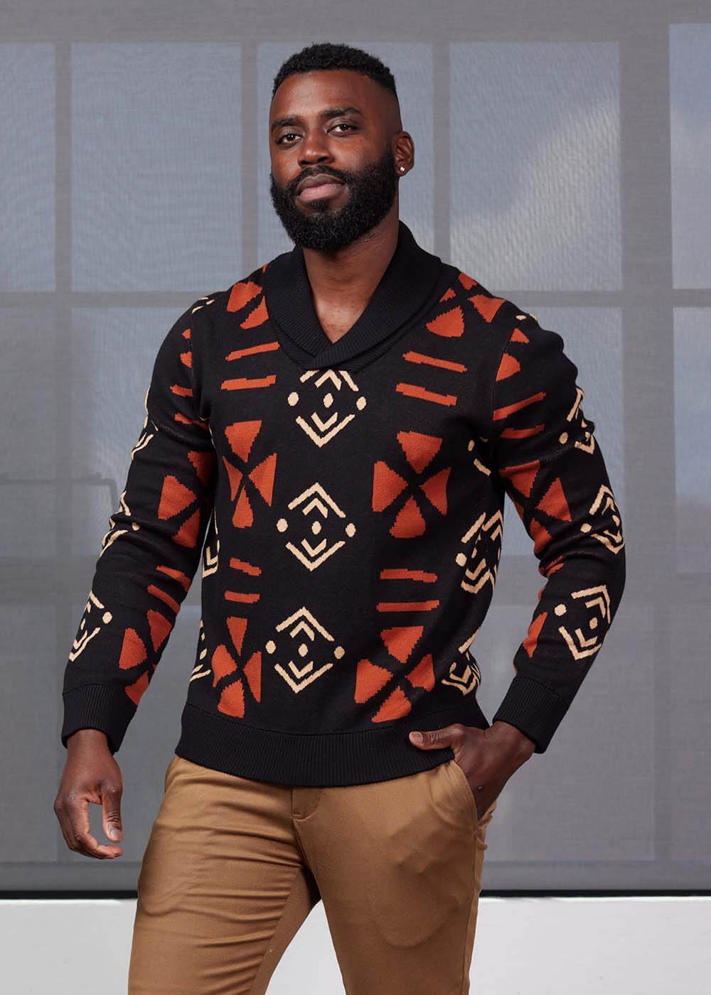 Iferan Men's African Print Sweater (Natural Mudcloth) Black - D'IYANU