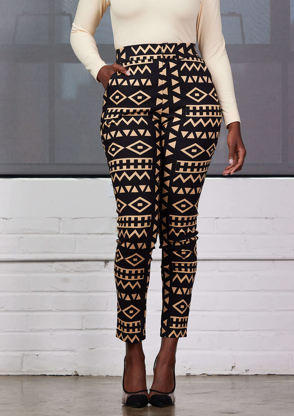 Talia Women's African Print Stretch Pants (Tan Black Tribal) – D'IYANU