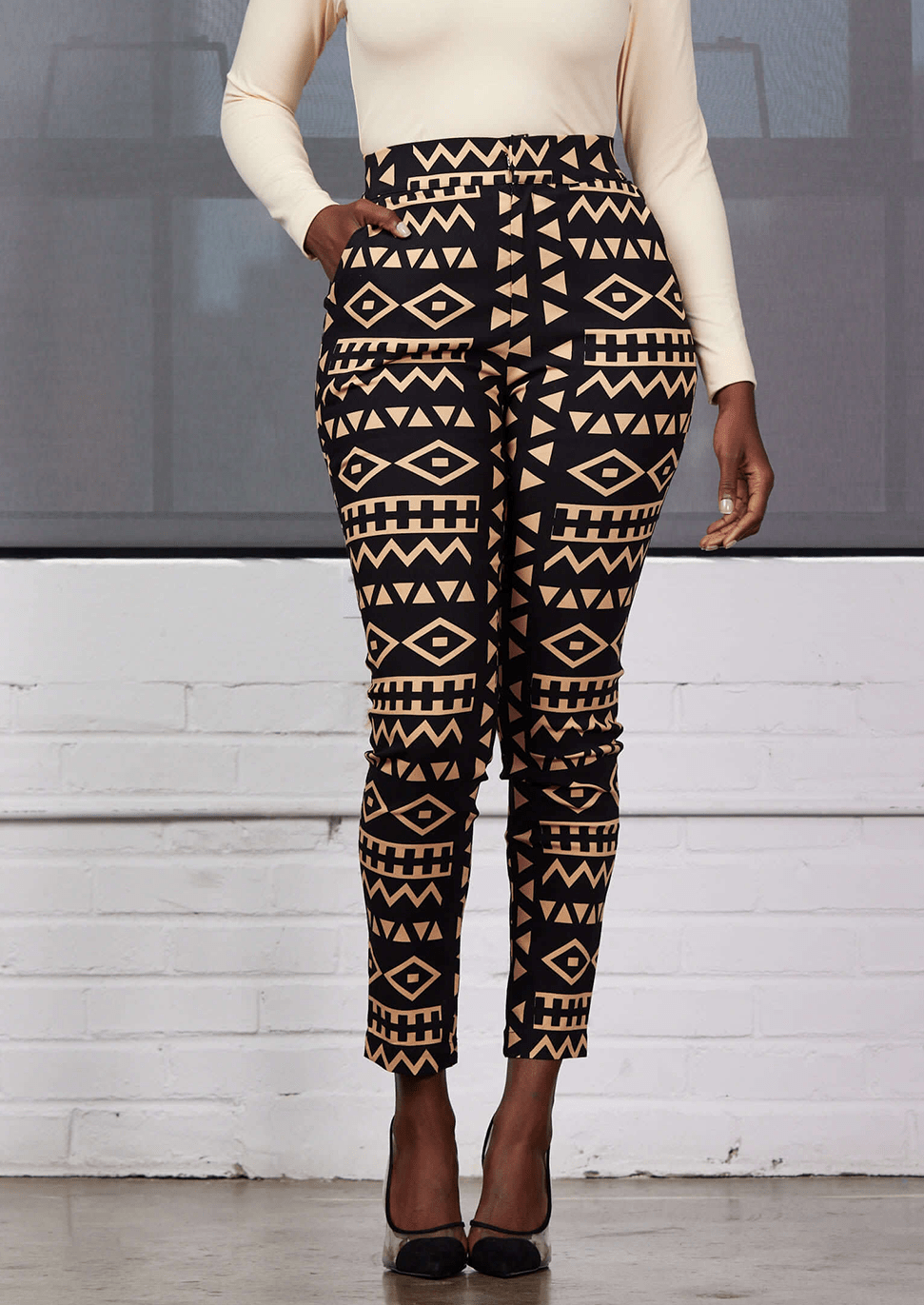 Talia Women's African Print Stretch Pants (Tan Black Tribal) Tan - D'IYANU