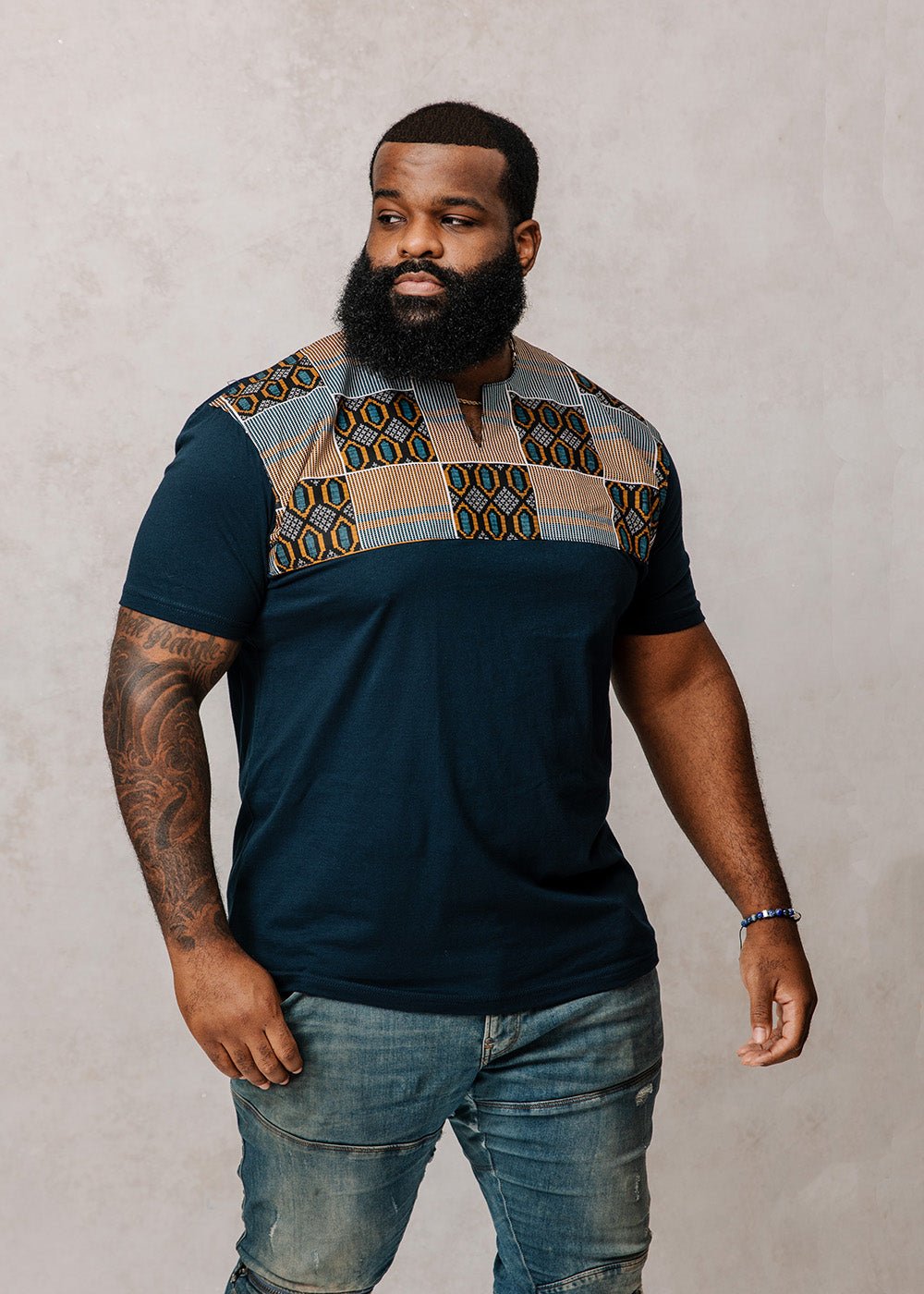 Dayo Men's African Print T-Shirt (Blue/Tan/Navy) - D'IYANU