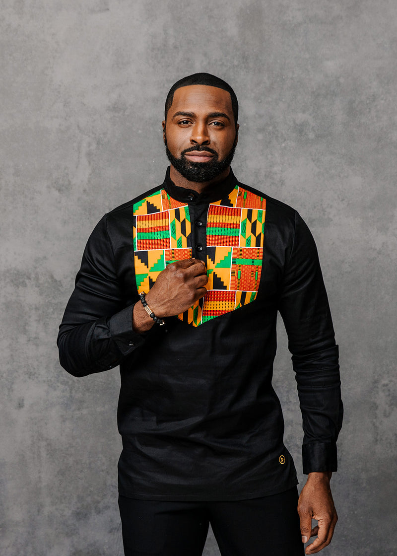 Meka Men's African Print Collared Henley Shirt (Yellow/Green Kente)