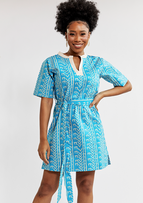 Meli Women's African Print Tunic Dress (Sky Blue Mudcloth) - Clearance