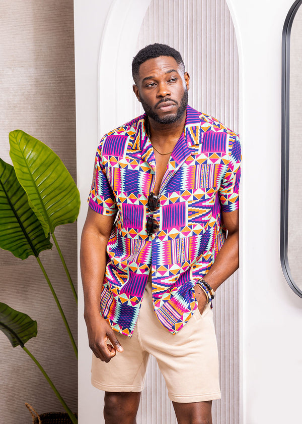 Malik Men's African Print Lightweight Button-Up Shirt (Mint Purple Kente)