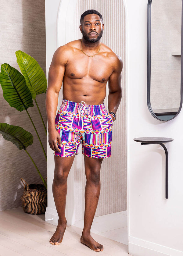 Safari Men's African Print Swim Trunks (Mint Purple Kente)