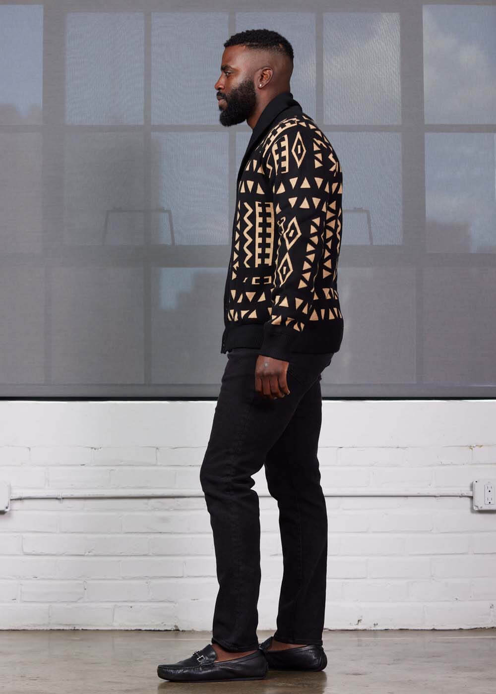Aren African Print Button-Up Cardigan Sweater (Tan Black Tribal) - D'IYANU