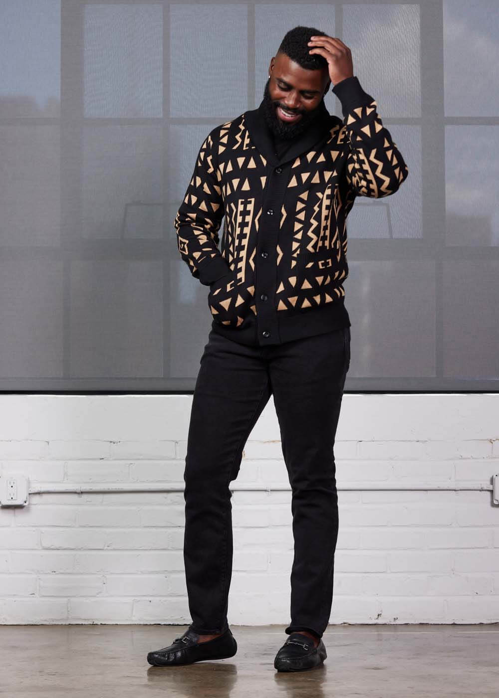 Aren African Print Button-Up Cardigan Sweater (Tan Black Tribal) - D'IYANU