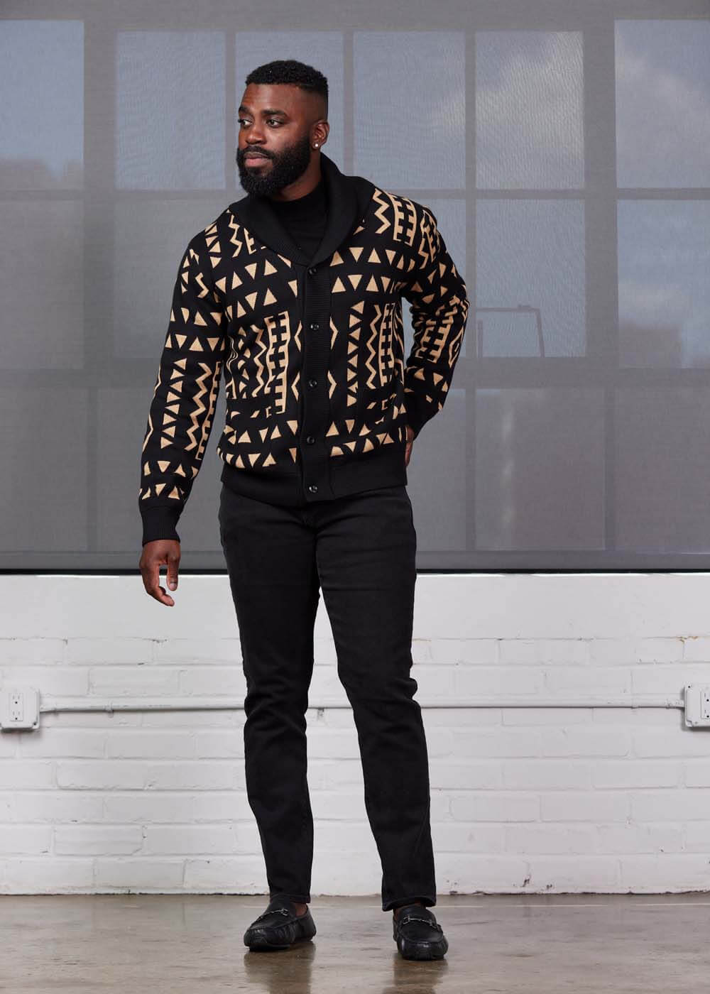 Aren African Print Button-Up Cardigan Sweater (Tan Black Tribal) - D'IYANU
