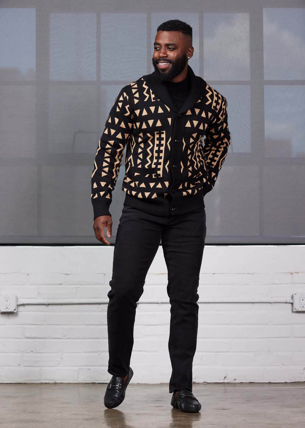 Aren African Print Button-Up Cardigan Sweater (Tan Black Tribal) - D'IYANU