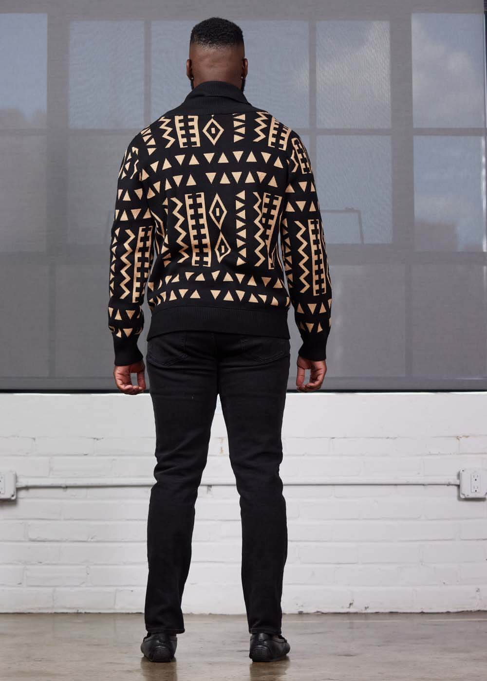 Aren African Print Button-Up Cardigan Sweater (Tan Black Tribal) - D'IYANU