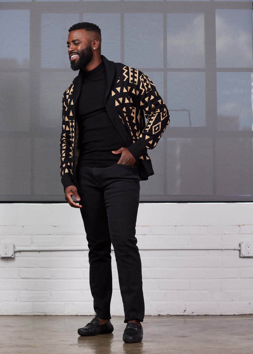 Aren African Print Button-Up Cardigan Sweater (Tan Black Tribal) - D'IYANU