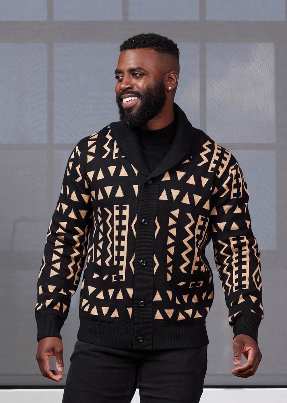 Aren African Print Button-Up Cardigan Sweater (Tan Black Tribal) Tan - D'IYANU