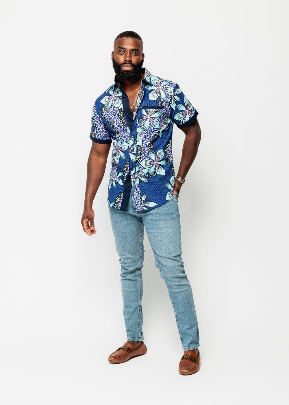 Deion Men's African Print Short Sleeve Button-Up Shirt (Light Blue Pink Iris) - D'IYANU