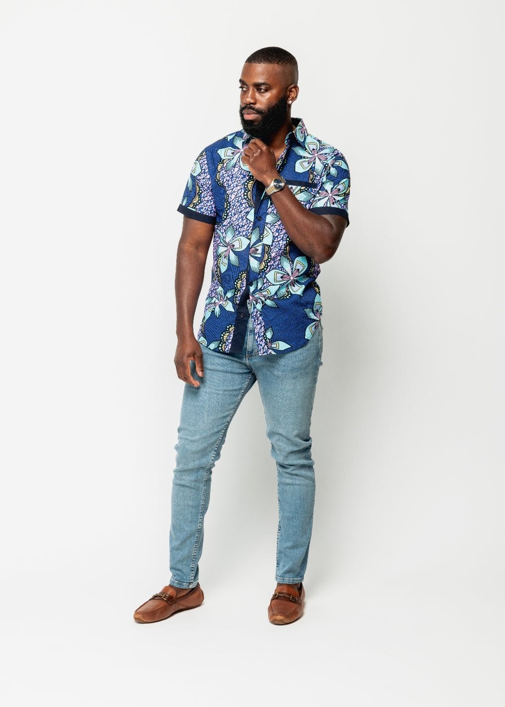 Deion Men's African Print Short Sleeve Button-Up Shirt (Light Blue Pink Iris) - D'IYANU