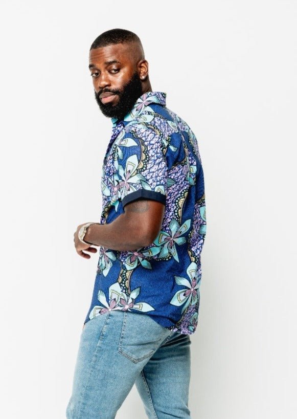 Deion Men's African Print Short Sleeve Button-Up Shirt (Light Blue Pink Iris) - D'IYANU