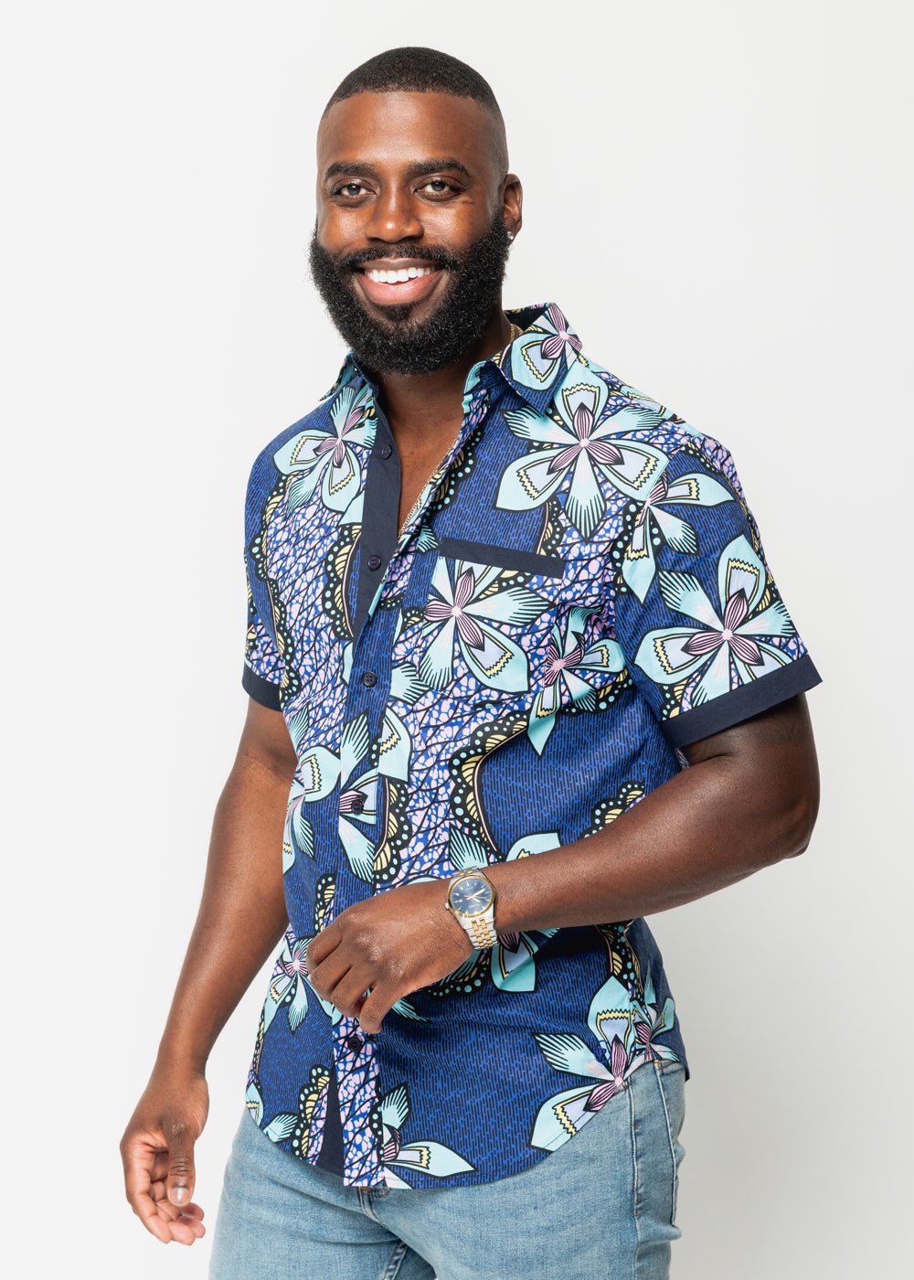 Deion Men's African Print Short Sleeve Button-Up Shirt (Light Blue Pink Iris) Blue - D'IYANU