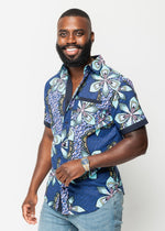 Deion Men's African Print Short Sleeve Button-Up Shirt (Light Blue Pink Iris) Blue - D'IYANU