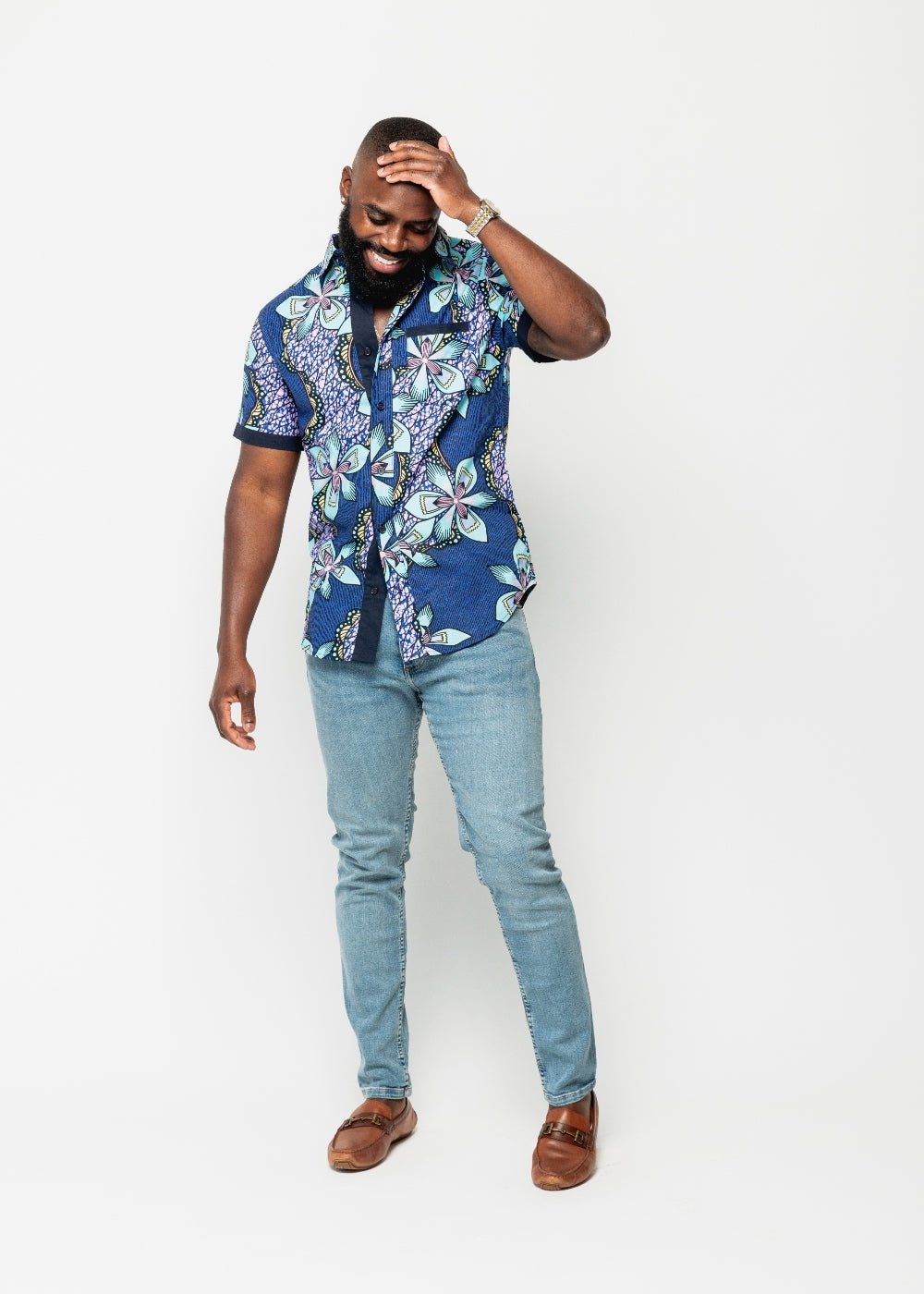 Deion Men's African Print Short Sleeve Button-Up Shirt (Light Blue Pink Iris) - D'IYANU
