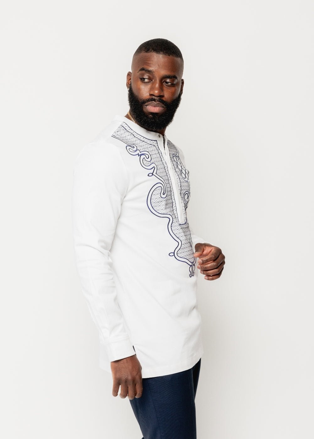 Dubaku Men's Traditional African Embroidery Shirt (White) - D'IYANU