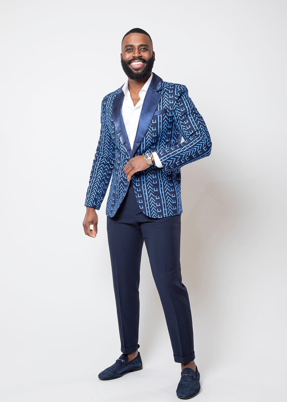 Enofe Men's African Print Blazer (Blue Navy Mudcloth) - D'IYANU