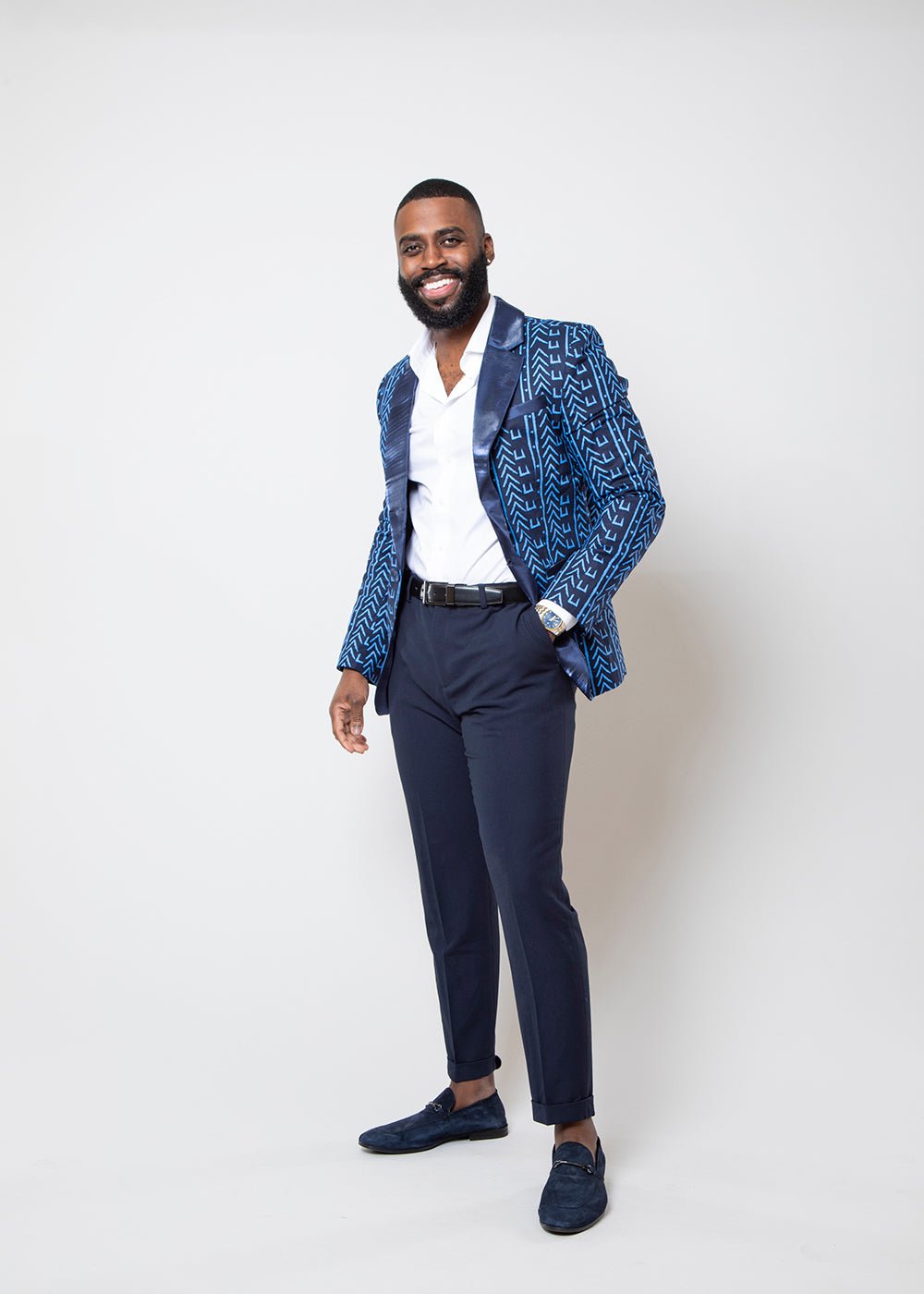 Enofe Men's African Print Blazer (Blue Navy Mudcloth) - D'IYANU