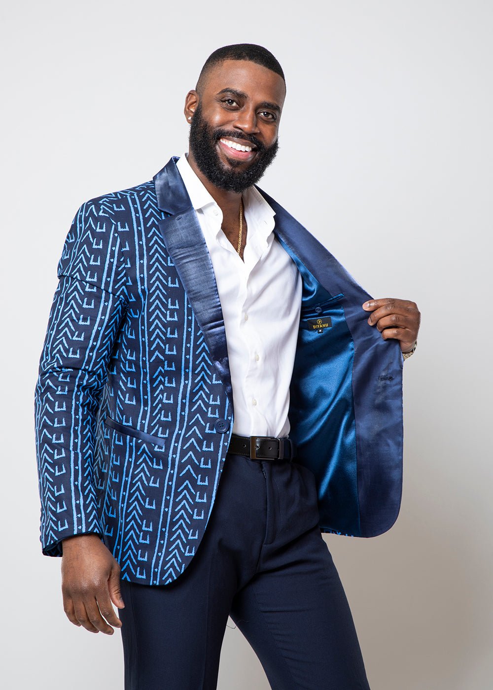 Enofe Men's African Print Blazer (Blue Navy Mudcloth) - D'IYANU