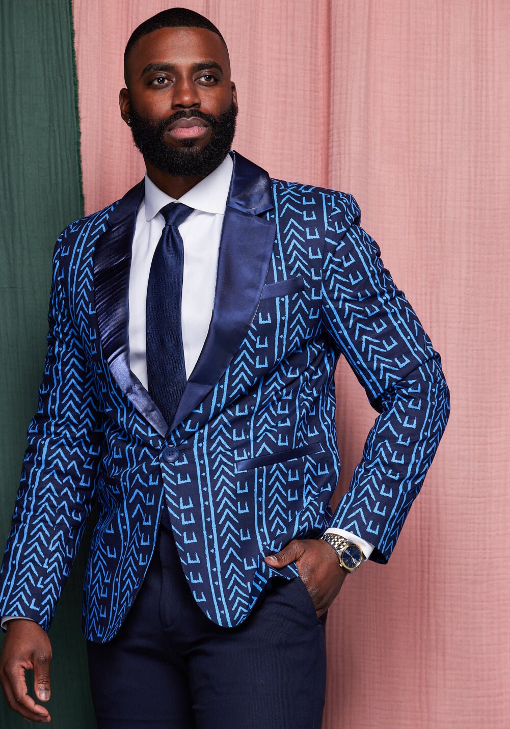 Enofe Men's African Print Blazer (Blue Navy Mudcloth) - D'IYANU