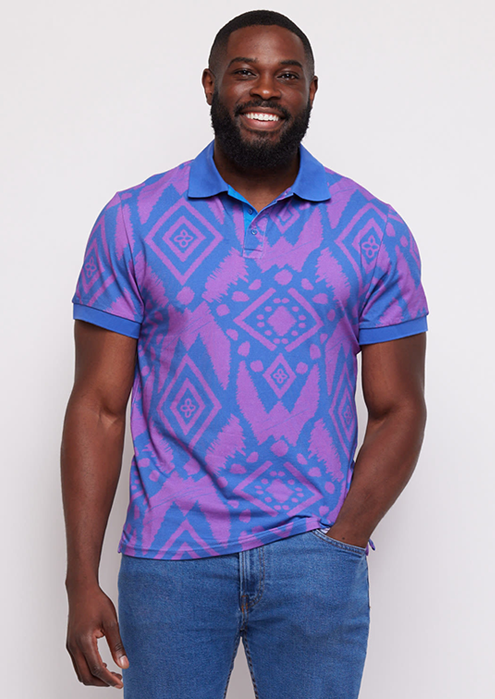 Femi Men s Polo Shirt Purple Blue Batik