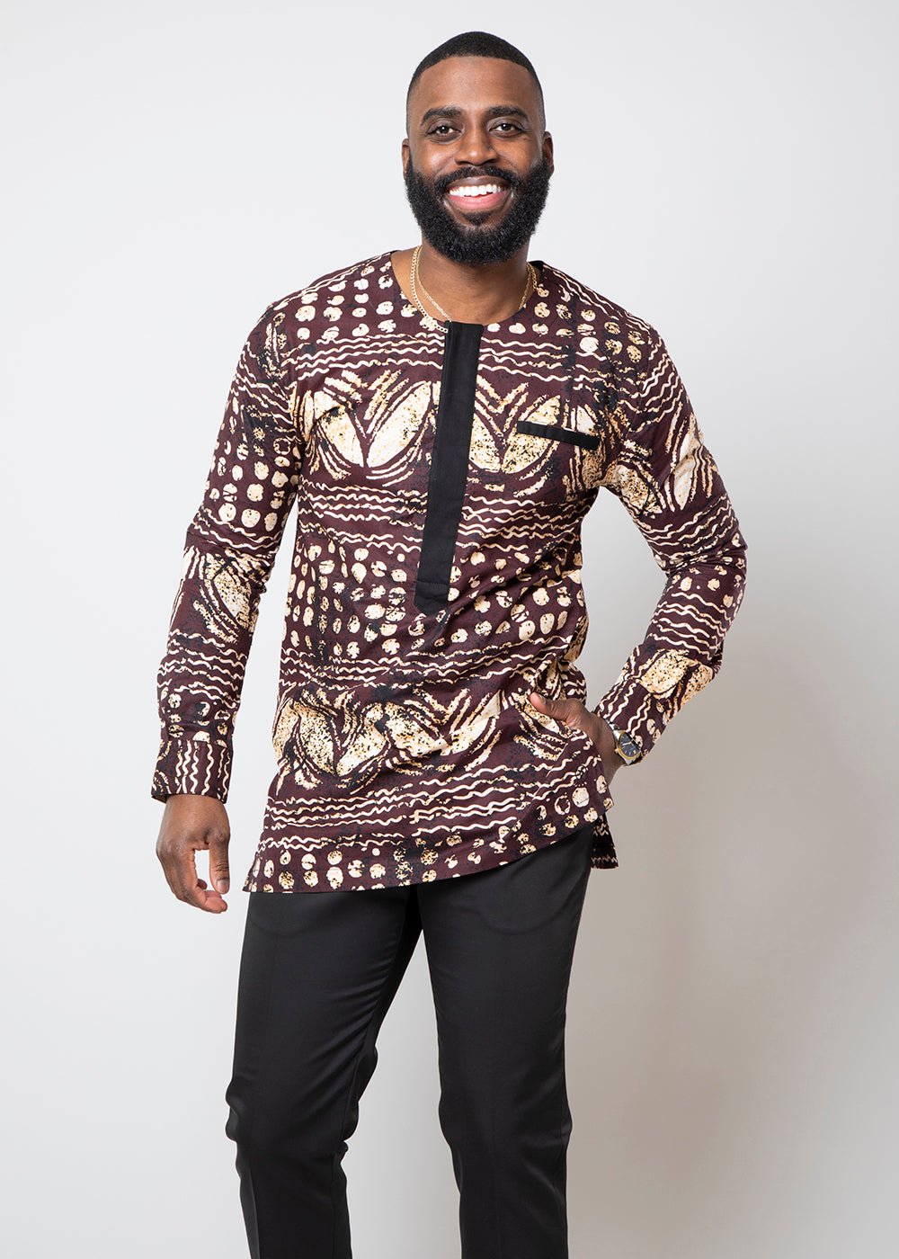 Ibrahim Men's African Print Traditional Shirt (Brown Black Adire) - D'IYANU
