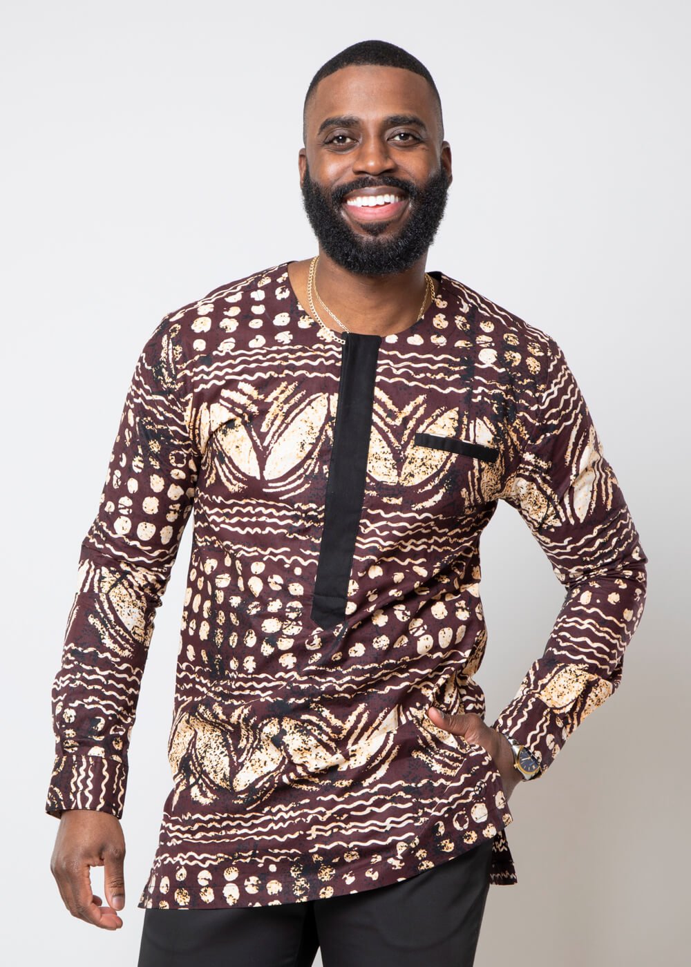 Ibrahim Men's African Print Traditional Shirt (Brown Black Adire) Brown - D'IYANU